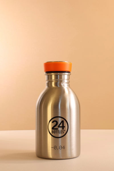 Small 24Bottles Urban 250ml Brushed Steel bottle - Ultra-lightweight mini stainless steel flask for handbags, available at Lloyd & Paul.