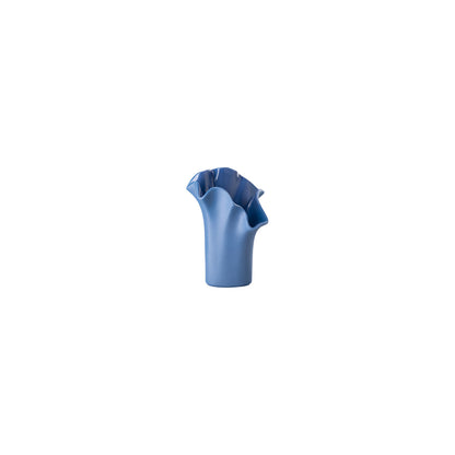 Blue ceramic vase with ruffled edge on a white background