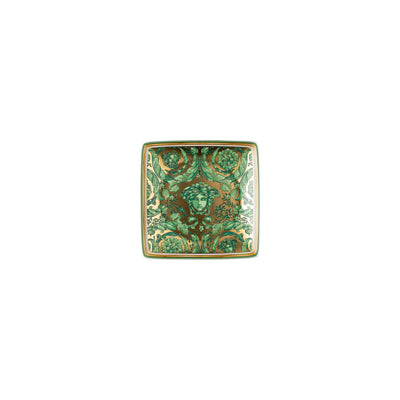 Versace Medusa Garland small decorative bowl in forest green, showcasing a detailed gold-tone garland rim and a central metallic Medusa motif, reflecting classic Baroque elegance.
