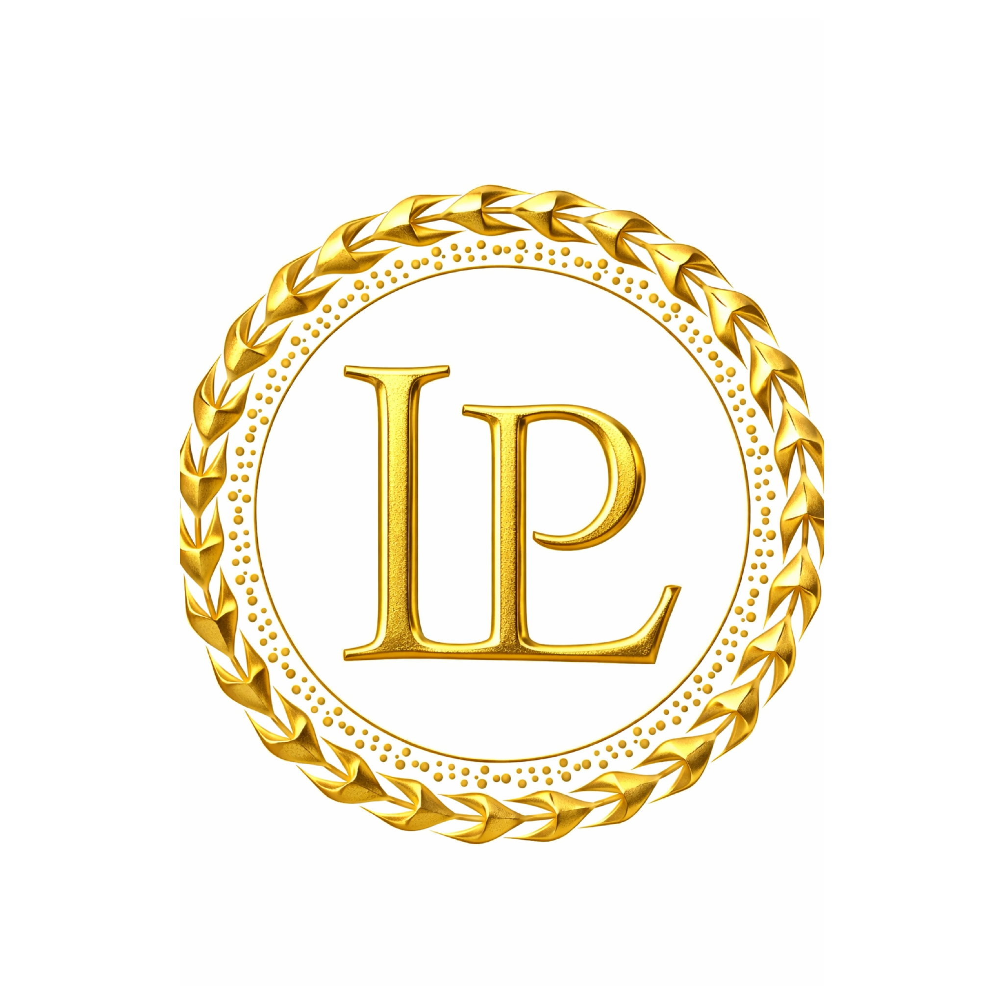 Gold monogram 'LP' encircled by a decorative wreath on a white background