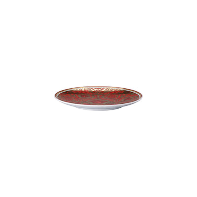 A luxury Versace Medusa Garland porcelain plate featuring a vibrant red finish, accented with an intricate gold acanthus leaf border and the iconic gold Medusa head emblem centred at the base.