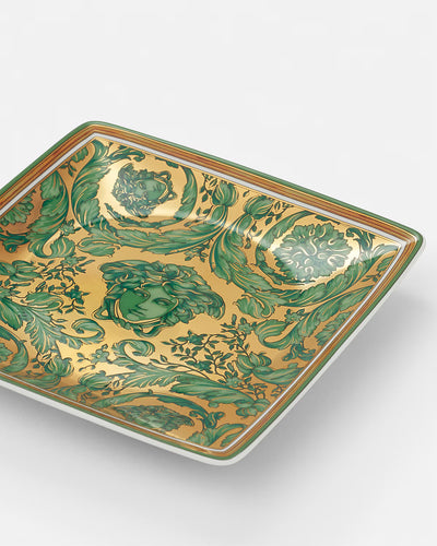 Versace Medusa Garland small decorative bowl in forest green, showcasing a detailed gold-tone garland rim and a central metallic Medusa motif, reflecting classic Baroque elegance.