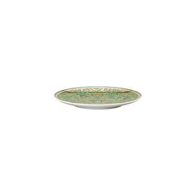 Versace Medusa Garland small decorative plate in forest green, showcasing a detailed gold-tone garland rim and a central metallic Medusa motif, reflecting classic Baroque elegance.