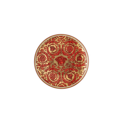 A luxury Versace Medusa Garland porcelain plate featuring a vibrant red finish, accented with an intricate gold acanthus leaf border and the iconic gold Medusa head emblem centred at the base.