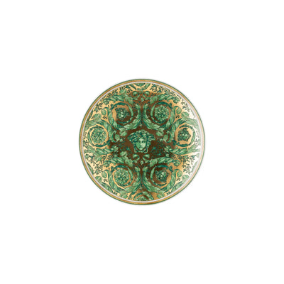 Versace Medusa Garland small decorative plate in forest green, showcasing a detailed gold-tone garland rim and a central metallic Medusa motif, reflecting classic Baroque elegance.