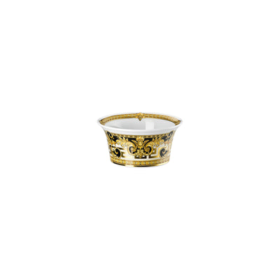 Versace Prestige Gala porcelain bowl featuring a central gold Medusa head framed by black and gold baroque accents. The design includes intricate silver grey flourishes and a Greek key border on a white and gold base