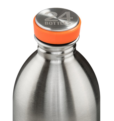 Metal water bottle with orange cap featuring '24Bottles' logo on a white background