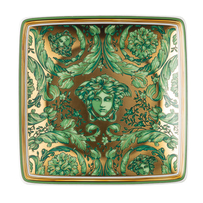 Versace Medusa Garland small decorative bowl in forest green, showcasing a detailed gold-tone garland rim and a central metallic Medusa motif, reflecting classic Baroque elegance.