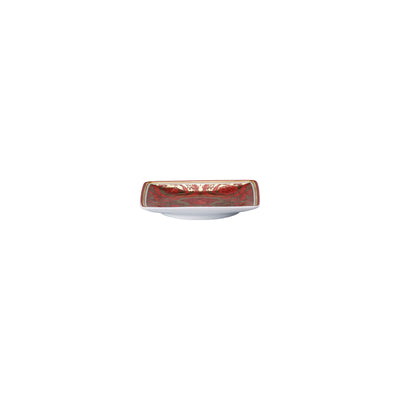 A luxury Versace Medusa Garland small porcelain bowl featuring a vibrant red finish, accented with an intricate gold acanthus leaf border and the iconic gold Medusa head emblem centered at the base.