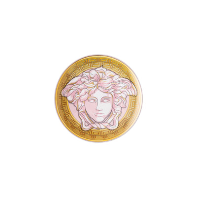 Luxury Versace Medusa Amplified 17cm plate in pastel pink, accented with gold-tone Medusa iconography and a contemporary graphic border. Elegant designer tableware for gifting.
