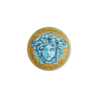 Versace Medusa Amplified 17cm small plate in deep blue, featuring the signature gold Medusa head and circular motif. High-end Italian porcelain, perfect for luxury gifting.
