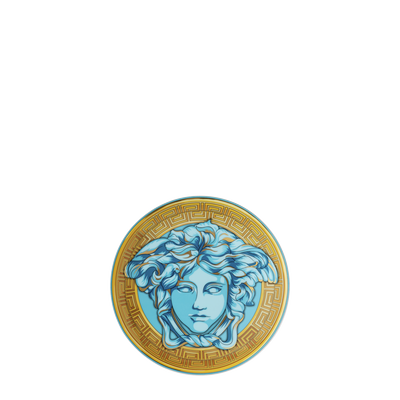 Versace Medusa Amplified 17cm small plate in deep blue, featuring the signature gold Medusa head and circular motif. High-end Italian porcelain, perfect for luxury gifting.