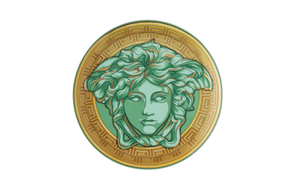 Versace Medusa Amplified 17cm porcelain plate in vibrant green, featuring a central gold Medusa head surrounded by a bold, repeating Medusa coin motif. Ideal luxury tableware gift.