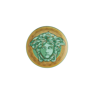 Versace Medusa Amplified 17cm porcelain plate in vibrant green, featuring a central gold Medusa head surrounded by a bold, repeating Medusa coin motif. Ideal luxury tableware gift.