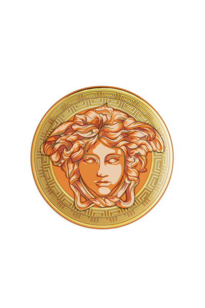 Versace Medusa Amplified 17cm side plate in bright orange, showcasing the iconic gold Medusa emblem and decorative border. A premium designer gift for colourful tablescapes.