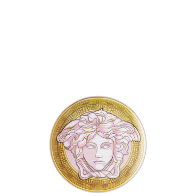 Luxury Versace Medusa Amplified 17cm plate in pastel pink, accented with gold-tone Medusa iconography and a contemporary graphic border. Elegant designer tableware for gifting.