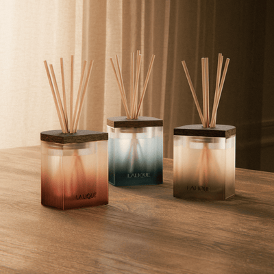 Three diffusers with wooden sticks on a wooden surface, featuring the Lalique brand.